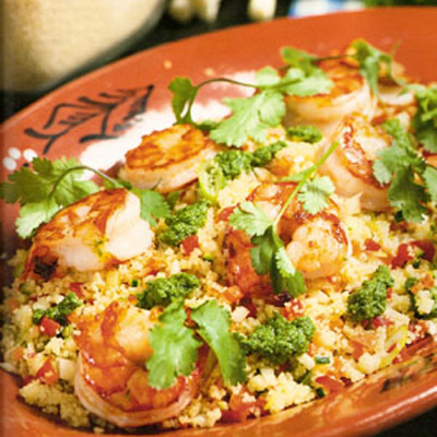 Couscous met scampi en korianderpesto