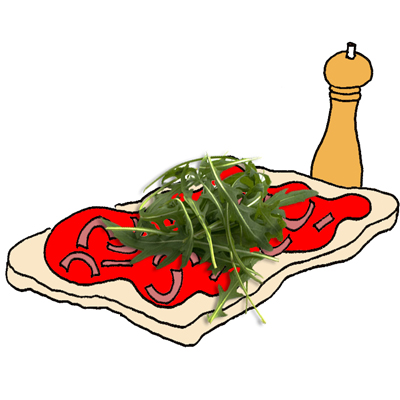 Pizza met gestoofde rode ui en rucola