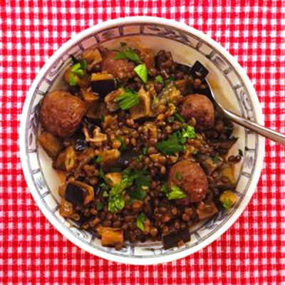 Aubergine-linzenstoof voor 1